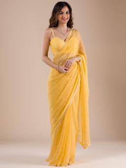 Koskii - Yellow Embroidered Stone Work Chiffon Saree with Unstitched Blouse