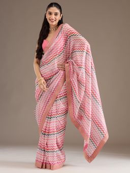 Koskii - Multi-Color Printed Sequined Border Tissue Saree with Unstitched Blouse