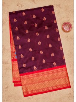 Koskii - Wine Woven Zari Work Pure Silk Saree with Unstitched Blouse