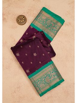 Koskii - Wine Woven Zari Work Pure Silk Saree with Unstitched Blouse