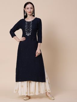 FASHOR - Woven Sequins Striped Cut Dana, Pearl & Embroidered Kurta - Navy Blue