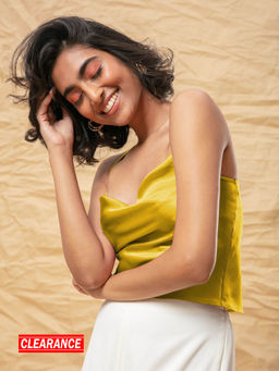RSVP by Nykaa Fashion - Yellow Solid Cowl Neck Satin Crop Top (Custom)