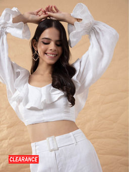 RSVP by Nykaa Fashion - White Self Design Scoop Neck Ruffle Crop Top