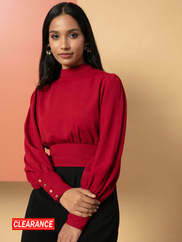 Twenty Dresses by Nykaa Fashion - Red Solid High Neck Crop Top