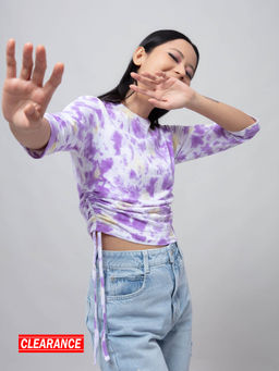 Twenty Dresses by Nykaa Fashion - White Purple Tie And Dye Side Tie Up Round Neck T Shirt