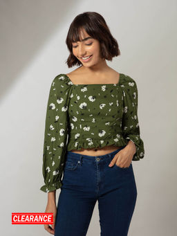 Twenty Dresses by Nykaa Fashion - Olive Floral Square Neck Ruffled Top