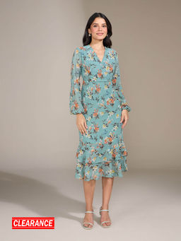 Twenty Dresses by Nykaa Fashion - Green Floral V Neck Midi Dress
