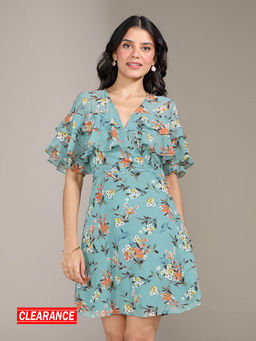 Twenty Dresses by Nykaa Fashion - Green Floral V Neck Mini Dress