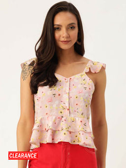 Twenty Dresses by Nykaa Fashion - Light Pink Floral Sweetheart Neck Ruffled Top