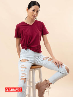 Twenty Dresses by Nykaa Fashion - Basics Maroon Solid V Neck Half Sleeves T Shirt