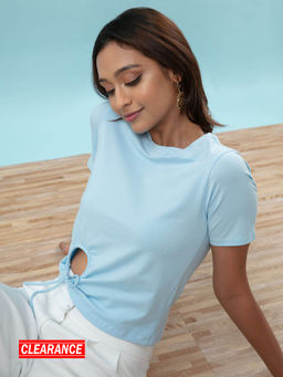 Twenty Dresses by Nykaa Fashion - Basics Sky Blue Solid Round Neck Crop T Shirt