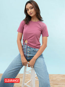 Twenty Dresses by Nykaa Fashion - Basics Onion Pink Solid Round Neck Crop T Shirt