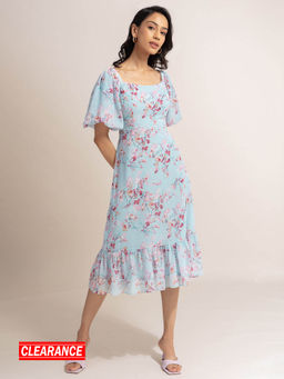 Twenty Dresses by Nykaa Fashion - Blue Floral Square Neck Midi Dress
