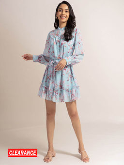 Twenty Dresses by Nykaa Fashion - Blue Floral Mandarin Neck Mini Dress