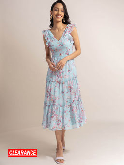 Twenty Dresses by Nykaa Fashion - Blue Floral V Neck Midi Dress