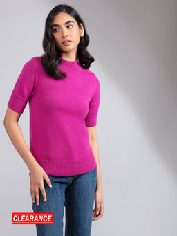 Twenty Dresses by Nykaa Fashion - Fuchsia Crew Neck Short Sleeves Sweater Top