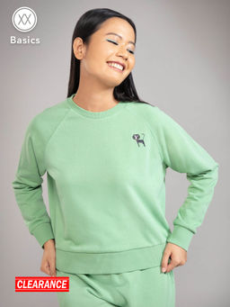 Twenty Dresses by Nykaa Fashion - Basics Green Cat Print Crew Neck Sweatshirt