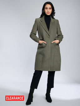Twenty Dresses by Nykaa Fashion - Green Solid Notched Lapel Overcoat