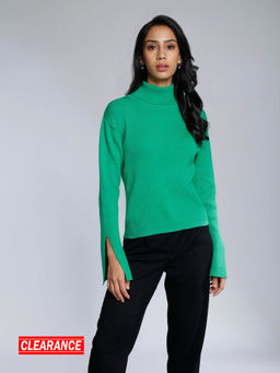 Twenty Dresses by Nykaa Fashion - Green Solid Turtle Neck Slit Sleeves Sweater Top