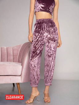 Twenty Dresses by Nykaa Fashion - Purple Embellished Ankle Velvet Joggers