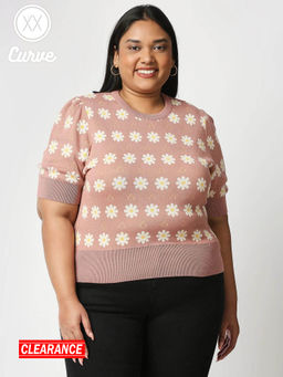Twenty Dresses by Nykaa Fashion - Curve Pink Printed Crew Neck Sweater