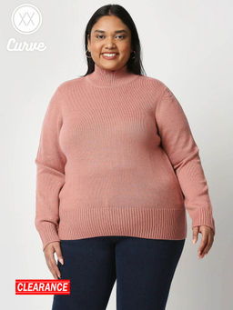 Twenty Dresses by Nykaa Fashion - Curve Pink Solid Turtle Neck Sweater