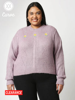 Twenty Dresses by Nykaa Fashion - Curve Purple Embroidered Crew Neck Sweater