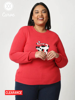 Twenty Dresses by Nykaa Fashion - Curve Red Woven Embroidered Crew Neck Sweater