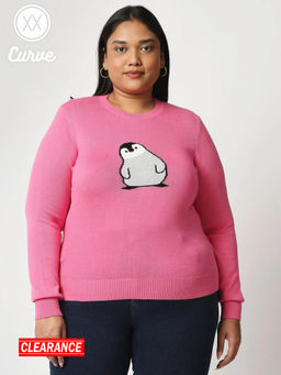 Twenty Dresses by Nykaa Fashion - Curve Pink Woven Embroidered Crew Neck Sweater