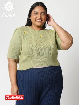 Twenty Dresses by Nykaa Fashion - Curve Green Embroidered Scoop Neck Half Sleeves Sweater Top