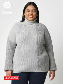 Twenty Dresses by Nykaa Fashion - Curve Grey Solid Turtle Neck Full Sleeves Sweater