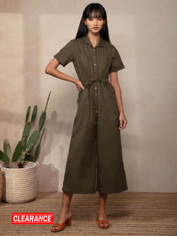 Twenty Dresses by Nykaa Fashion - Military Green Solid Collar Neck Jumpsuit
