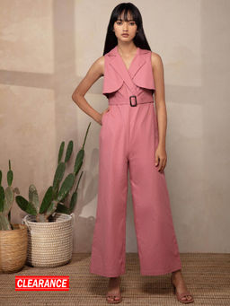 Twenty Dresses by Nykaa Fashion - Pink Solid Notched Lapel Collar Jumpsuit