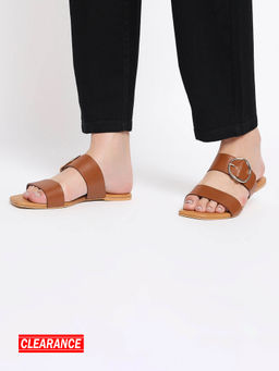 Twenty Dresses by Nykaa Fashion - Tan Square Toe Buckle Detail Sliders