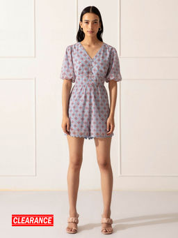 Twenty Dresses by Nykaa Fashion - Blue Printed V Neck Playsuit