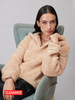 Twenty Dresses by Nykaa Fashion - Basics Beige Solid Sherpa Hoodie