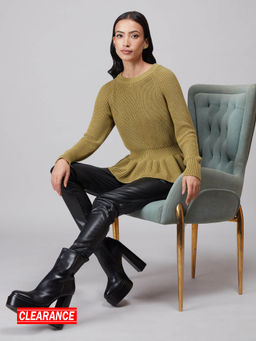 Twenty Dresses by Nykaa Fashion - Olive Green Solid Raglan Sleeved Peplum Sweater