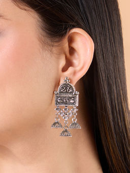 Azai by Nykaa Fashion - Silver Oxidized Peacock Embossed Floral Jhumki Earrings
