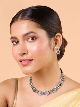 Azai by Nykaa Fashion - Silver Oxidized Multicolor Pearl Choker Necklace and Stud Earrings Set of 2
