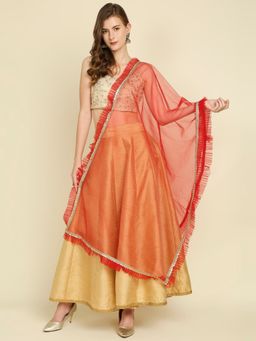 Dupatta Bazaar - Womens Red Net Dupatta with Ruffle and Gold Lace