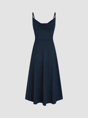 Powder Blue Cowl Neck Draped Midi Dress