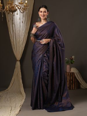 Blue Woven Design Silk Blend Sarees With Unstitched Blouse Piece