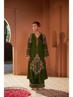 Sonia Khatri - Dark Olive Surmai Long Kurta with Palazzo (Set of 2)