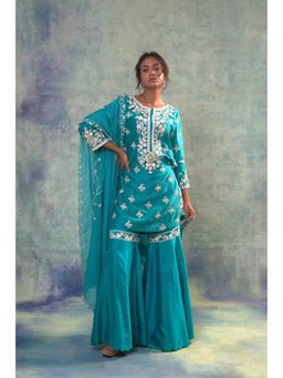 Sonia Khatri - Macaw Teal Sharara with Kurta and Dupatta (Set of 3)