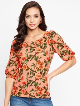 Uptownie - Womens Knit Printed Round Neck Top Orange