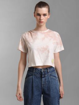 Kazo - Beige Tie Dye Crop T-Shirt
