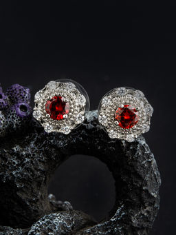 E2O - Self Design Silver Diamond Round Shaped Stud Earring With Ruby Colour Stone