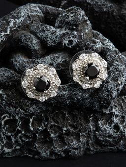 E2O - Self Design Silver Diamond Round Shaped Stud Earring With Jet Colour Stone