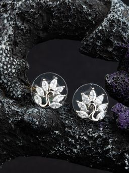 E2O - Quirky Design White Stone Silver Platted Embellished In Floral Shaped Stud Earring