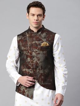 ESSAS club - Men Red Netted Nehru Jacket With Golden Splash Print